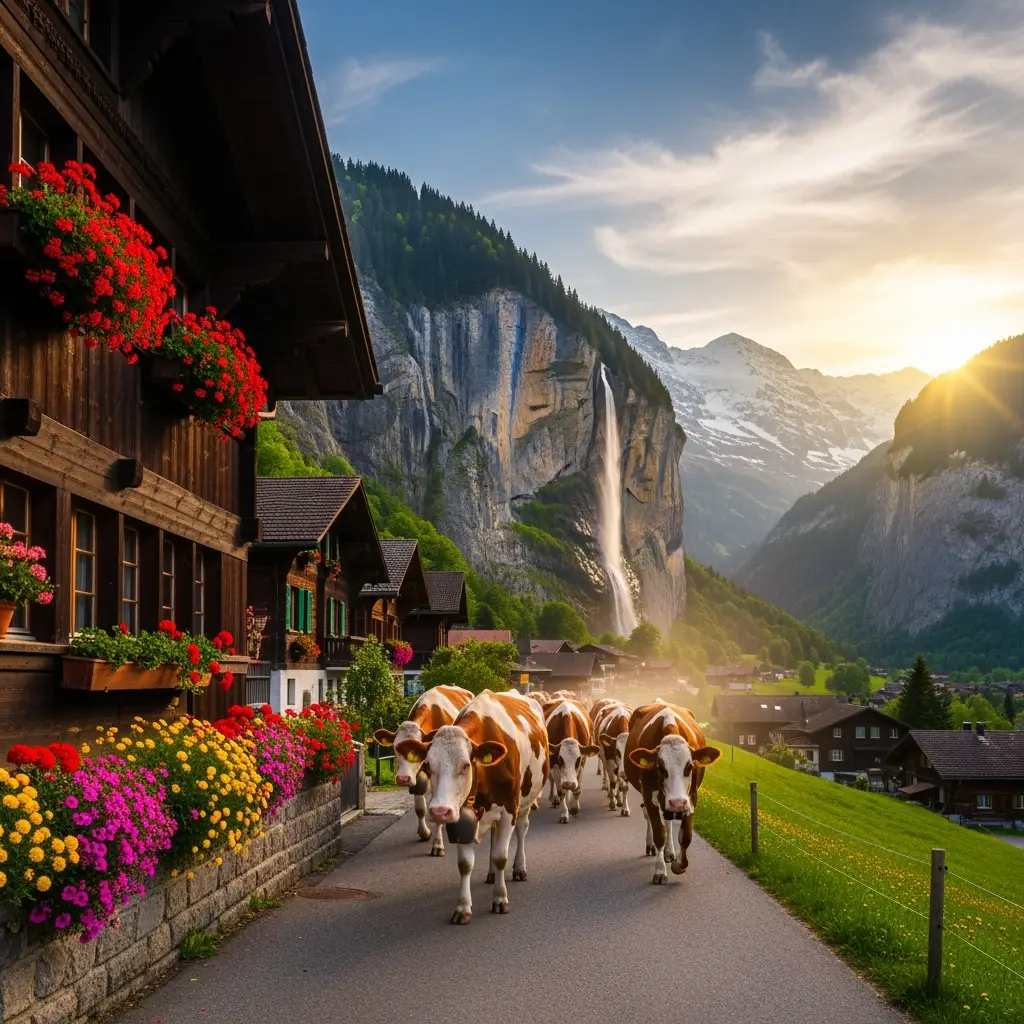 cows walking through switzerland and viewed from a private air charter