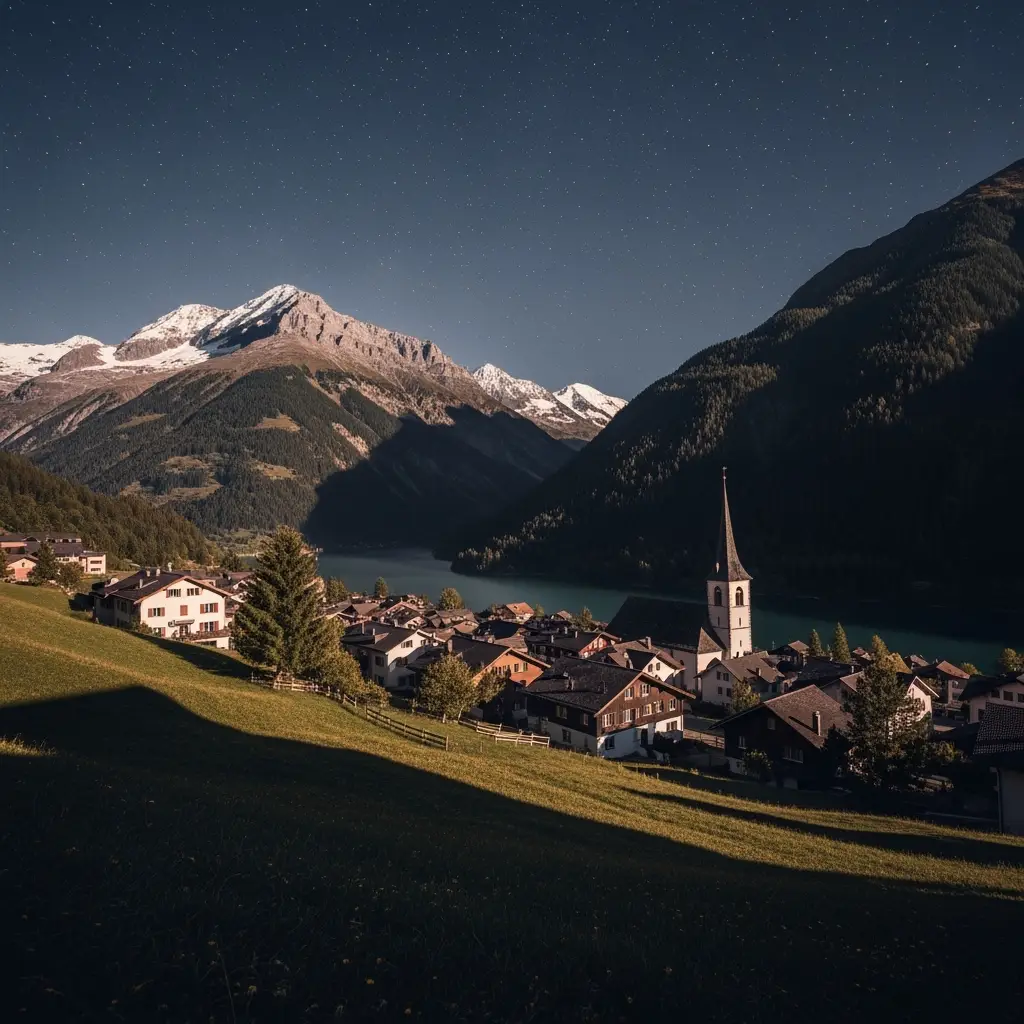 switzerland in the evening with a starry night