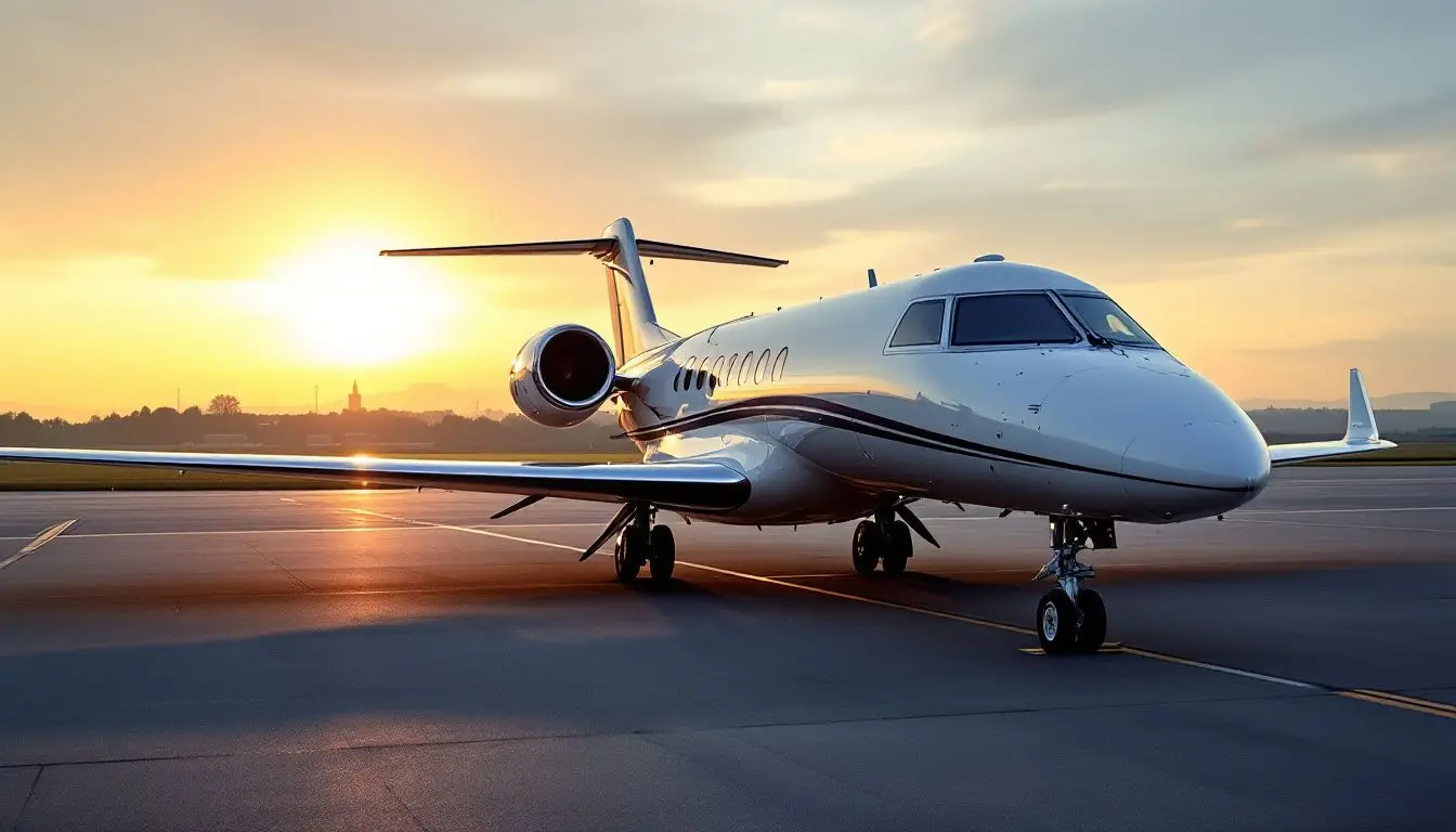 A private jet on a tarmac with the sunset in the background.