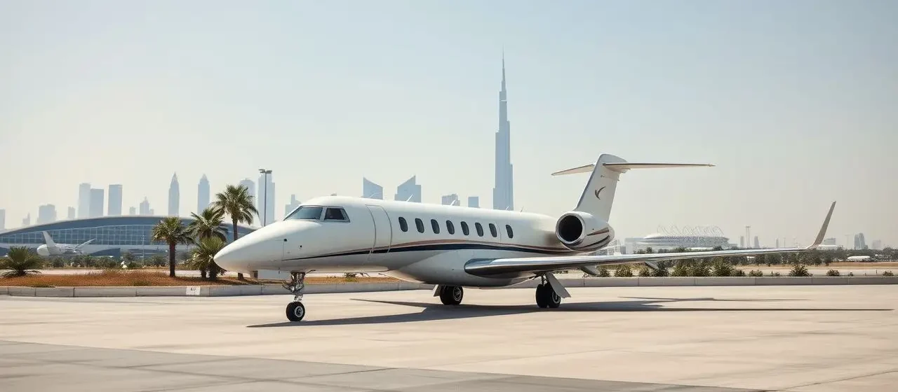 A private jet on a runway during the sunny day in Dubai. The city is in the background and is noticeable by its distinctive shaped skyscrapers in the disstance.