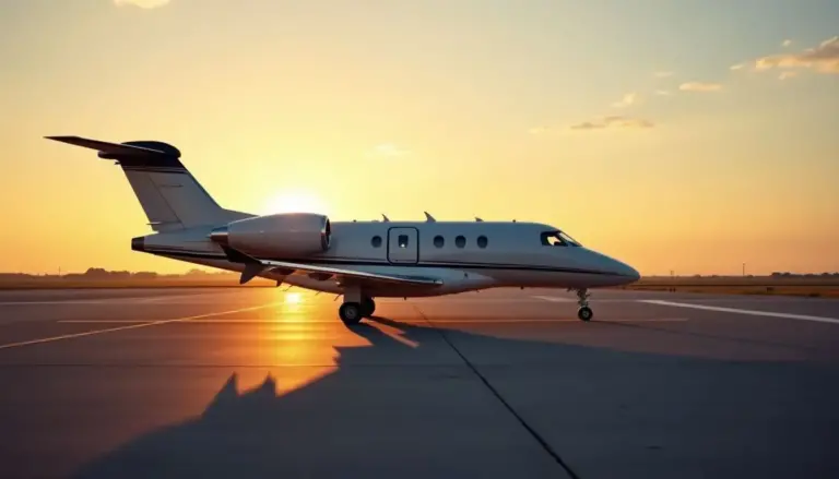A small private jet on a tarmac with the setting sun in the background behind it making the plane the focus of the picture.