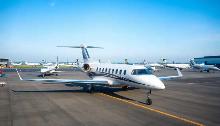 A private jet on a tarmac during the day. in the background are multiple private jets, white in color.