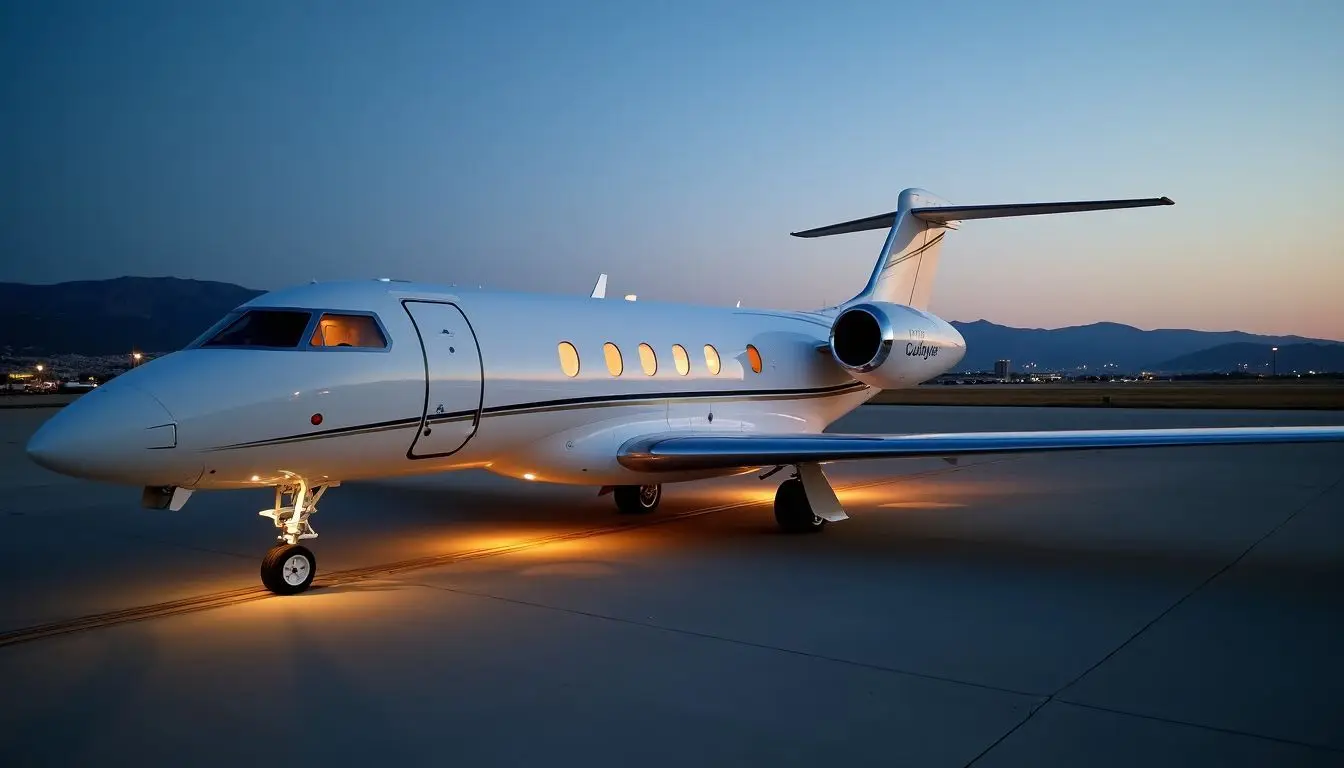 A Private Jet on a runway at dusk with the underside of the plane lit up