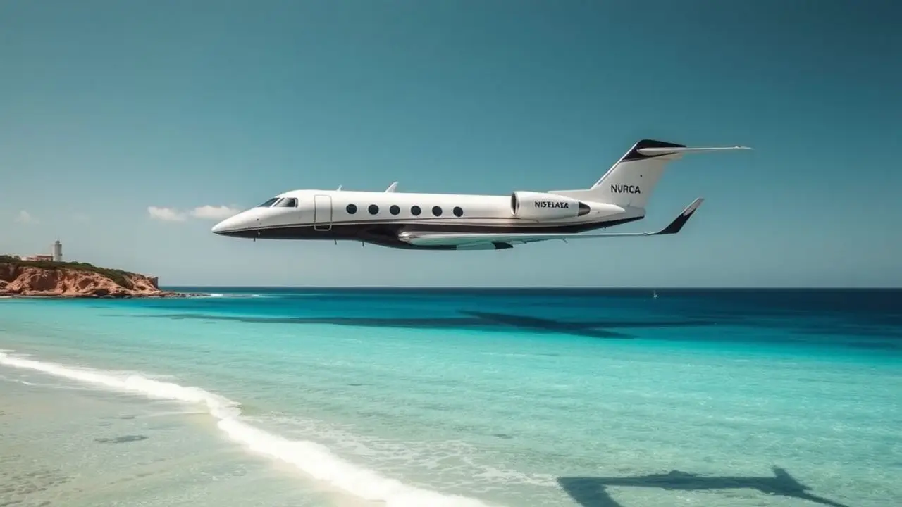 an ai image of a private jet flying low over a beach with clear blue water underneath the jet