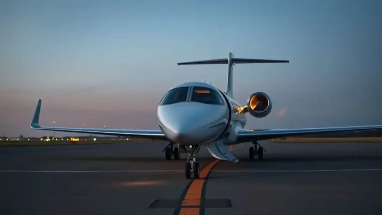 a private jet parked on a runway facing the camera. the jet is small and sleek
