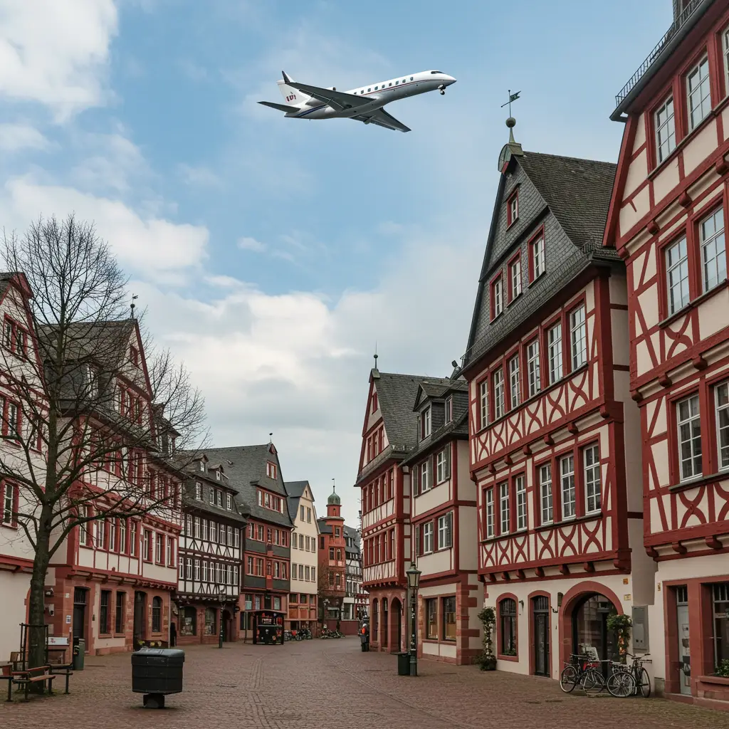 a corporate air charter flying over frankfurt