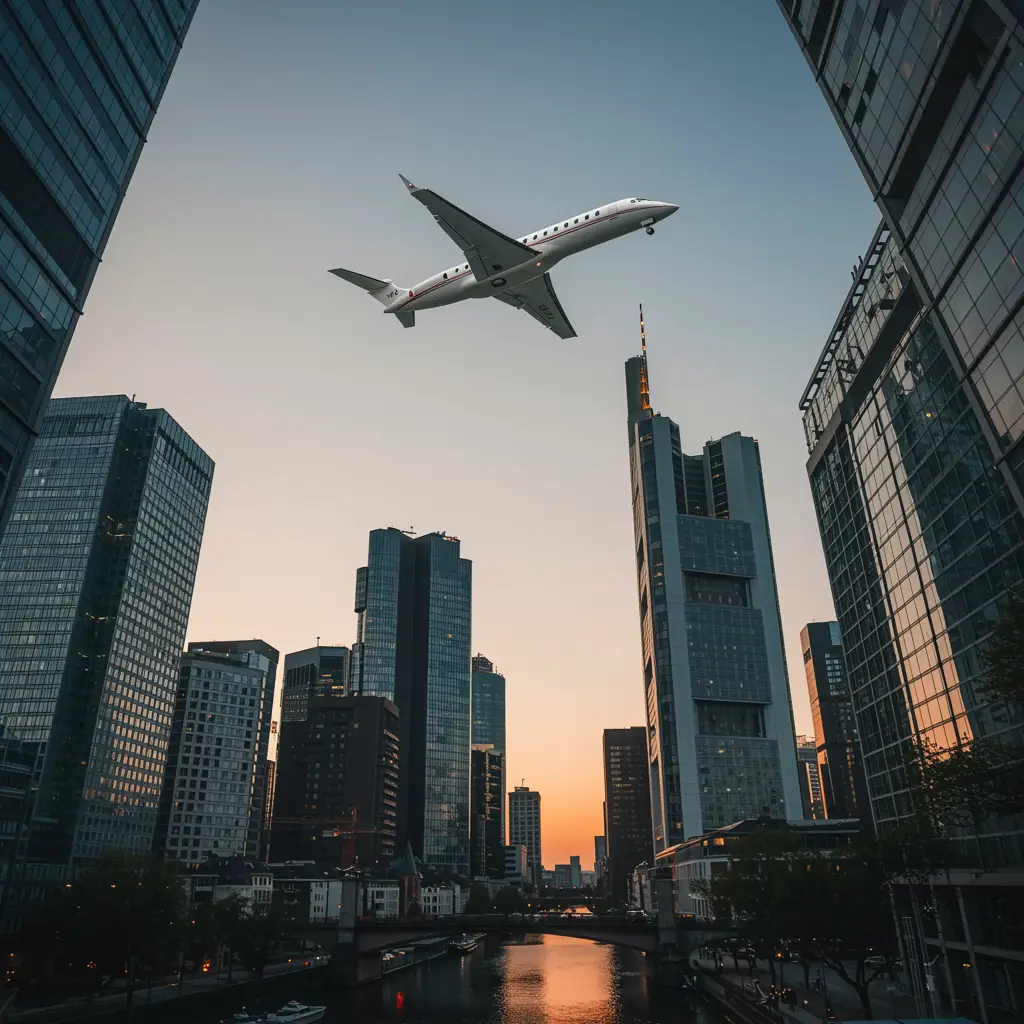 a business jet charter flying over frankfurt