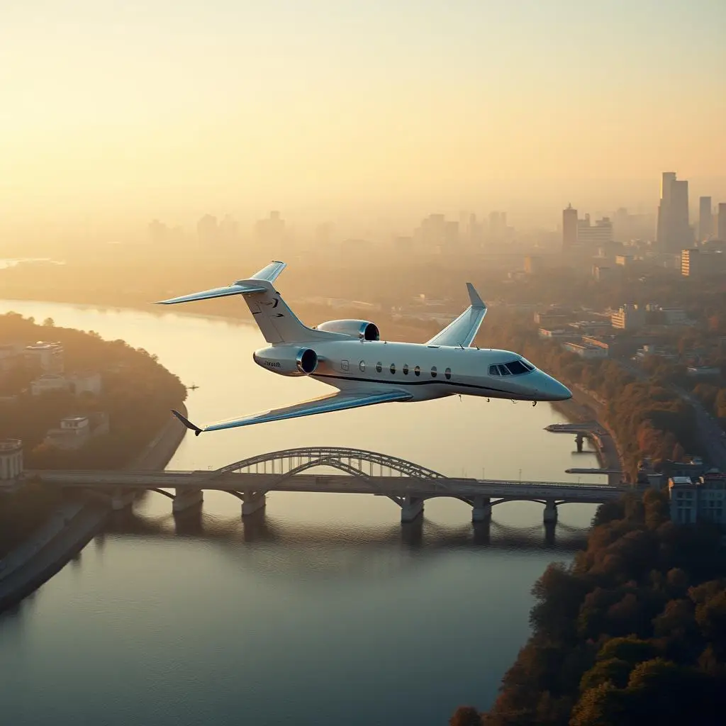 after taking off from an fbo, a private jet flys over frankfurt