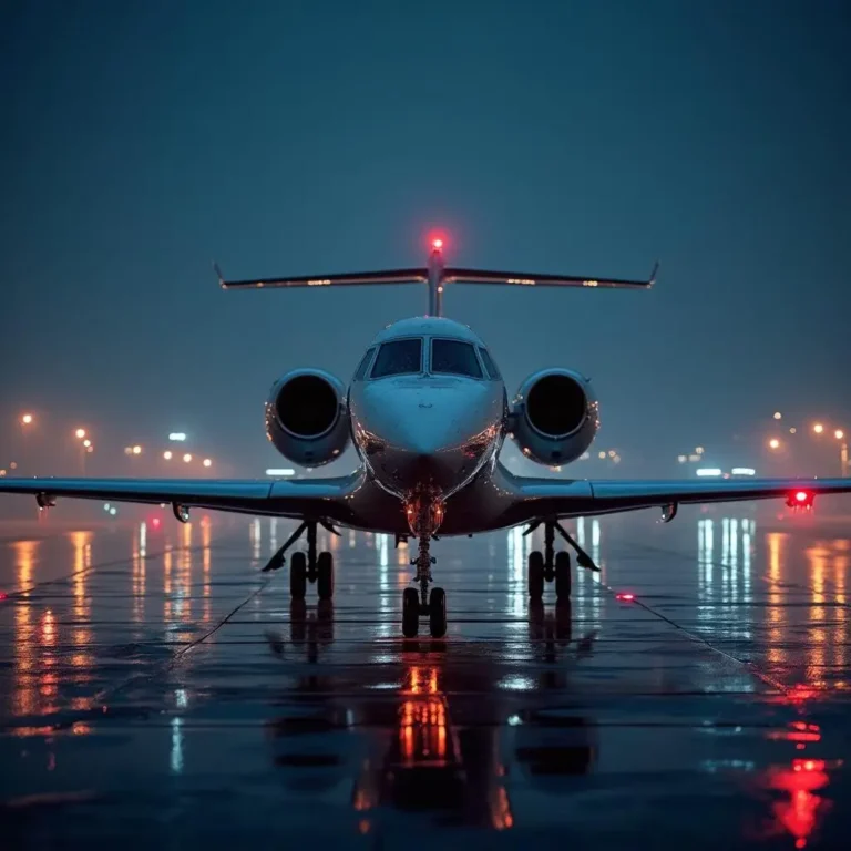 a private jet parked at a frankfurt fbo at night