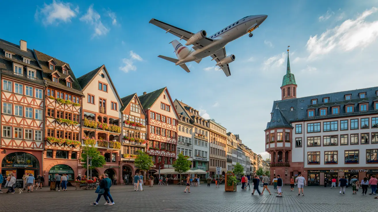 a private jet over the frankfurt old town